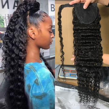 factory price good quality ponytail human hair extensions,100% brazilian human hair deep wave curly ponytail,clip in ponytails
